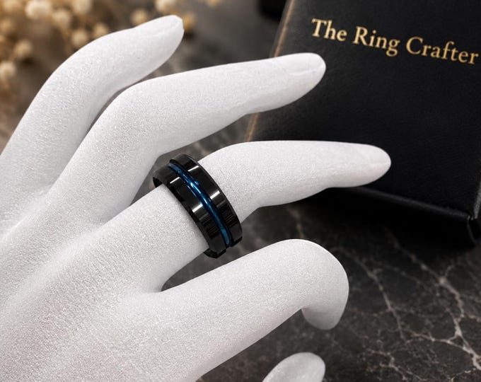 8mm Black Tungsten Wedding Band Blue Groove Ring, Personalized Engraved Wedding Band, Comfort Fit Durable Matte Brushed Finish Gift Ring