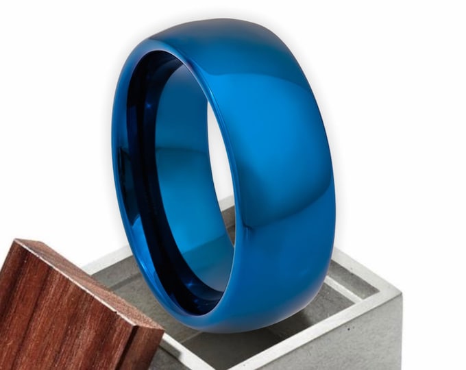 Custom Personalized Laser Engraved 8mm Blue Shiny Tungsten Carbide | Engagement Anniversary | Wedding Band Ring for Men Or Women
