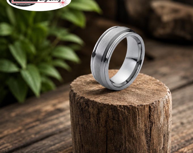 Personalized Engraved Tungsten Carbide Ring, 8mm Brushed Wedding Band, Comfort Fit Men's Anniversary Ring, Custom Statement Ring Gift