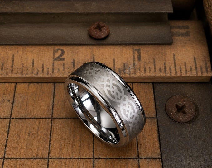 Personalized Tungsten Carbide Celtic Knot Ring, 8mm Laser Engraved Wedding Band, Unique Mens Ring, Rustic Engagement & Anniversary Jewelry