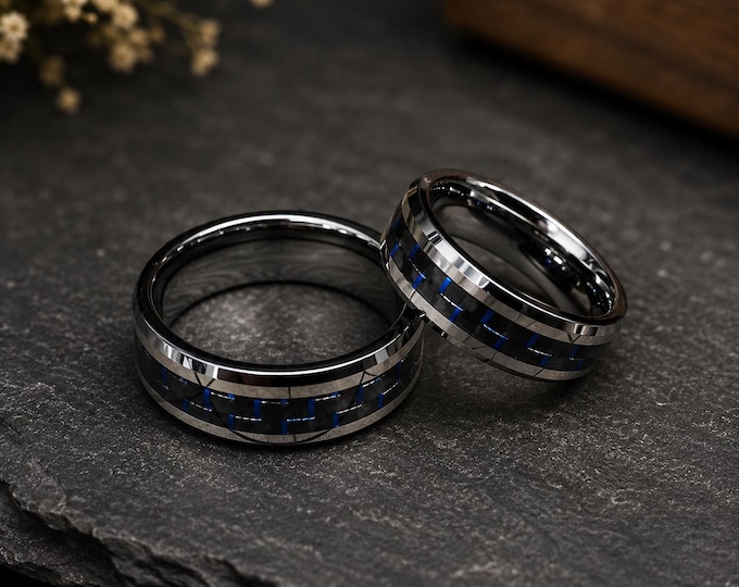 Personalized Tungsten Wedding Band Set, Black & Blue Carbon Fiber Inlay, Custom Engraved Rings