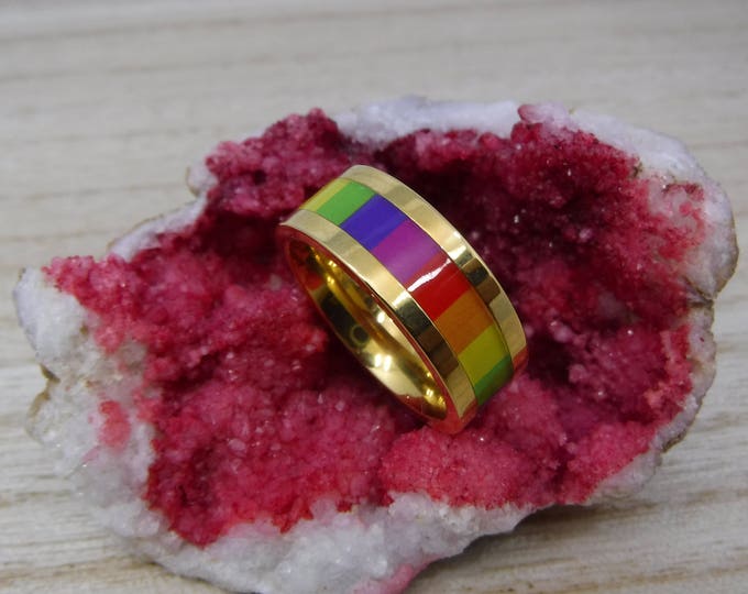 Custom Engraving - 8mm Titanium Yellow Gold Plated Pipe Cut Rainbow Colored Wedding Band Ring for Men Or Women