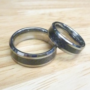 Tungsten Carbide Black Carbon Fiber Rings, Wedding Ring Set Handmade Jewelry, Custom Engraved His & Hers Rings, 8mm and 6mm Matching Bands