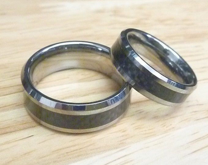 Tungsten Carbide Black Carbon Fiber Rings, Wedding Ring Set Handmade Jewelry, Custom Engraved His & Hers Rings, 8mm and 6mm Matching Bands