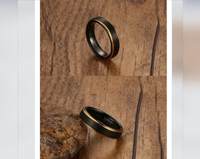 Personalized Engraving  - 6mm Tungsten Carbide Black Brushed Rose Gold StepEdge Engagement Anniversary | Wedding Band Ring for Men Or Women