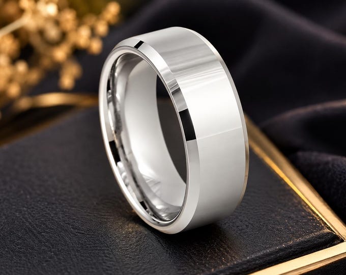 Custom Engraved White Tungsten Wedding Band, 8mm Platinum Plated Couple Ring, Personalized His & Hers Promise Ring, Modern Classic Jewelry