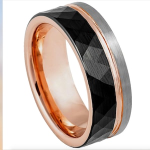 8mm Men Jewelry Black Faceted Finish Wedding Band,Stripe Two Tone Plating Ring for Men & Women, Groove Surface Tungsten Carbide Steel Ring