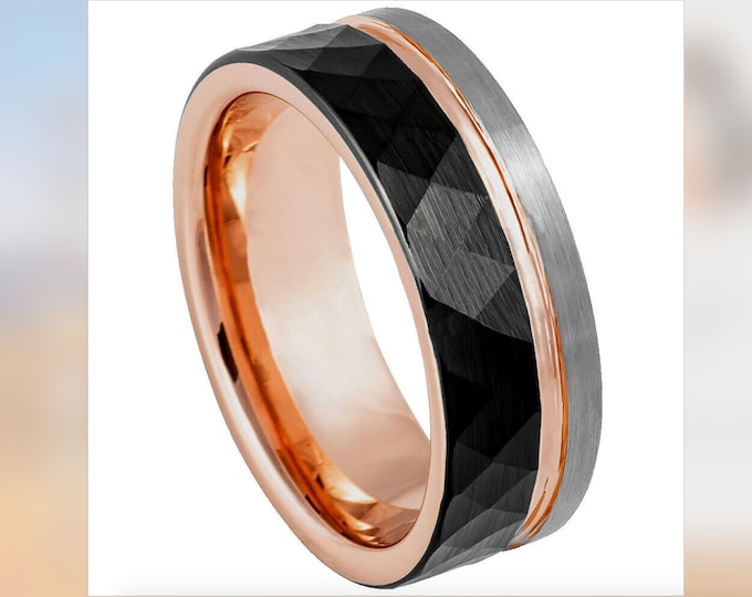 8mm Men Jewelry Black Faceted Finish Wedding Band,Stripe Two Tone Plating Ring for Men & Women, Groove Surface Tungsten Carbide Steel Ring