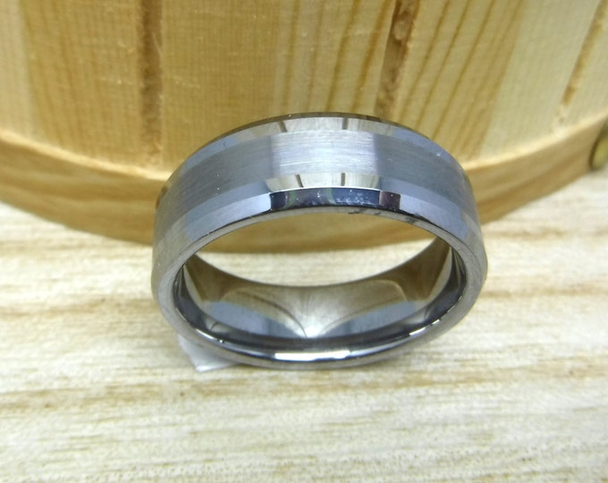 8mm Tungsten Carbide Ring, Custom Engraved Dainty Anniversary Ring, Brushed Wedding Band with Beveled Edge, Personalized Men's Ring