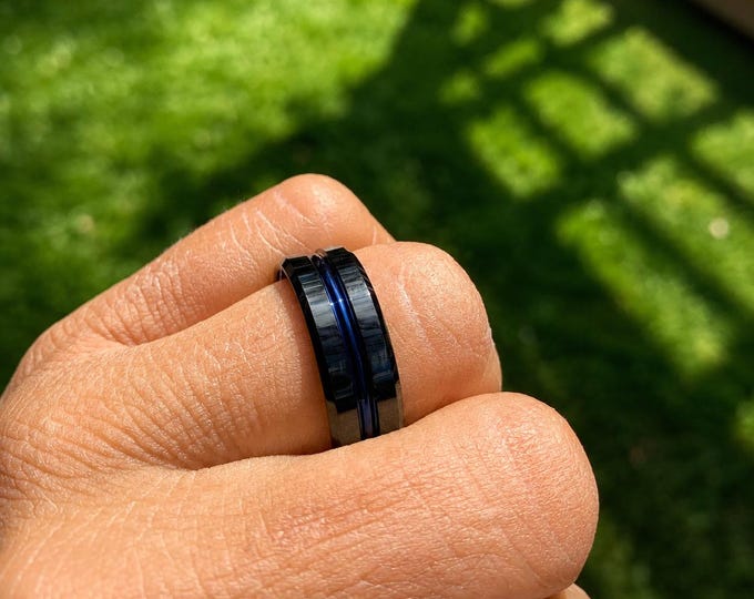 Custom Engraved Black Tungsten Ring with Blue Groove, Dainty Wedding Band, Personalized Promise Ring, Durable Minimalist Couple Jewelry Gift