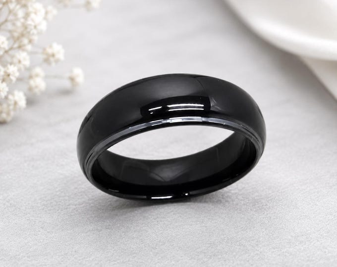 Custom Engraved Black Tungsten Ring, 8mm Step Edge Wedding Band, Personalized Men's Ring, Black Tungsten Carbide Ring, Anniversary Gift