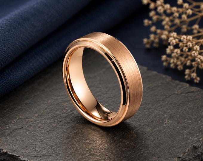 Brushed Rose Gold Tungsten Ring, Custom Engraved Wedding Band, Step Edge Comfort Fit Anniversary Ring, Personalized Promise Gift Ring