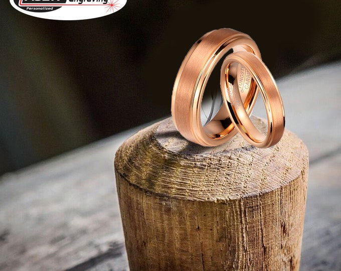 His & Hers Matching Tungsten Wedding Band, Custom Engraving Ring, 8mm/6mm Rose Gold Step Edge Ring with Brushed Center, Engagement Ring Set