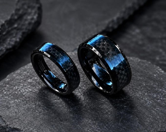 Custom Engraved Tungsten Carbide Wedding Band Ring Set, Black Carbon Fiber Inlay Rings, Personalized Wedding Bands, Comfort Fit Gift