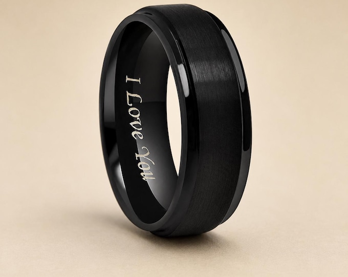 Personalized Engraved Black Tungsten Carbide Ring, 6mm 8mm Wedding Band for Men Women, Matte Black Promise Ring, Custom Engraving Jewelry
