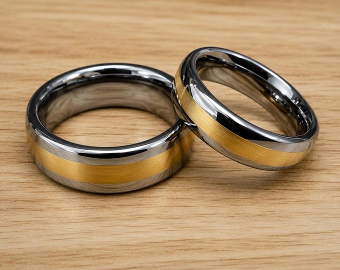 Custom Engraved Tungsten Wedding Band Set, Gold-Plated Center Stripe Ring, Matching Couple Ring, Personalized His & Hers Anniversary Jewelry