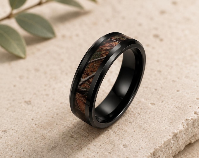 Black Tungsten Mossy Tree Camo Mens Wedding Band, 8mm Tungsten Carbide Camo Hunting Ring, Men Real Tree and Outdoor Camouflage Wedding Band