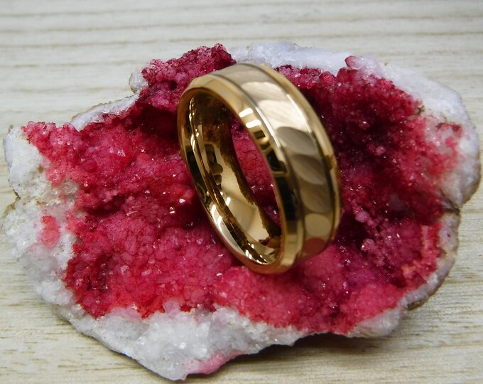 8mm Yellow Brushed Hammered Band for Men and Women, Durable & Stylish Unisex Commitment Ring, Custom Engraved Tungsten Carbide Wedding Ring