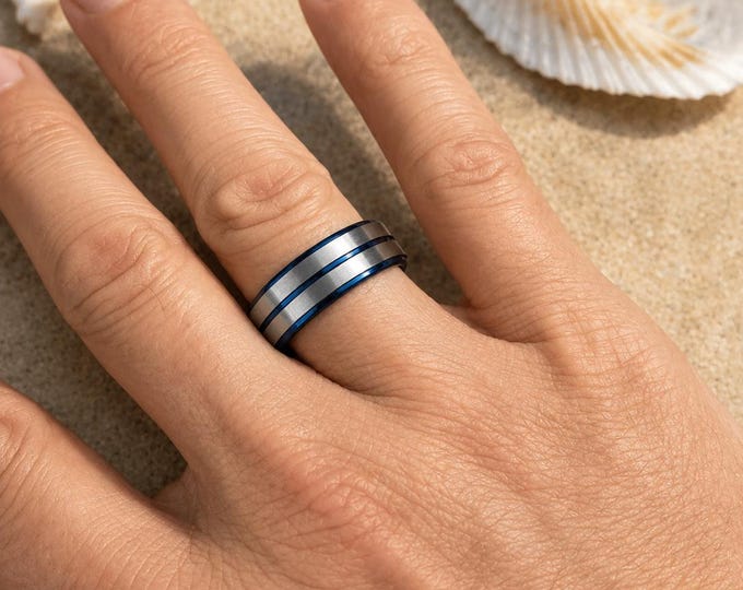 Custom Engraved 8mm Tungsten Ring, Two Tone Blue Line Wedding Band, Personalized Comfort Fit Promise Ring, Anniversary Gift for Husband Dad
