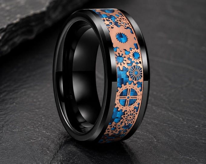 Custom Engraved 8mm Black & Rose Gold Tungsten Ring, Steampunk Gear Band, Blue Carbon Fiber Clockwork Ring, Personalized Promise Band
