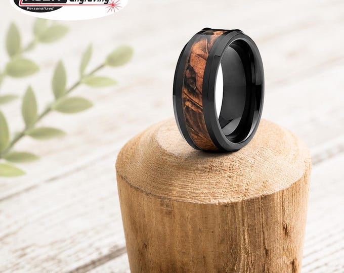 Hammered Wide Wood Wedding Bands, Black Ceramic Camo Ring, Black with Charred Whiskey Barrel Ring Band, Hammered Tungsten Carbide Ring