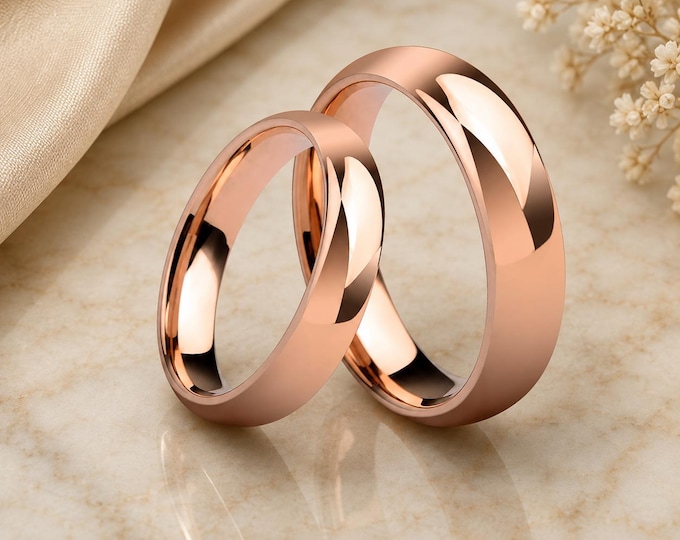 His & Hers Rose Gold Tungsten Wedding Band Set, Custom Engraved Couple Rings, Personalized Matching Wedding Bands, Comfort Fit Promise Gift