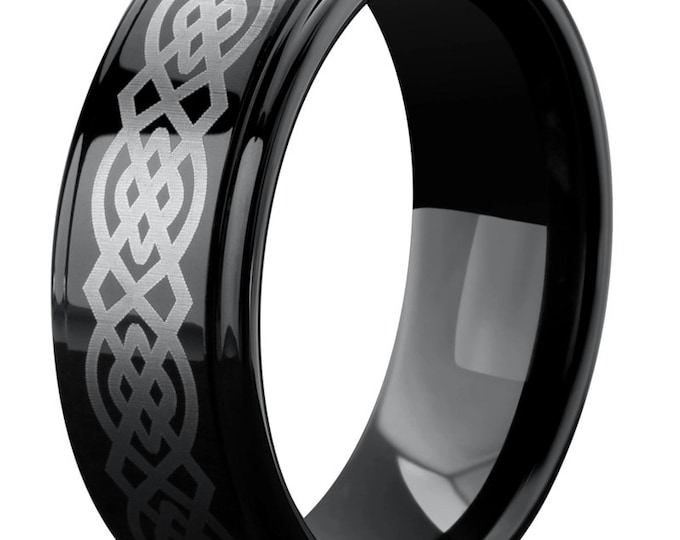 Celtic Knot Black Tungsten Ring, 6mm Laser Engraved Wedding Band, Custom Mens Jewelry, Personalized Step Edge Design Jewelry for Him or Her