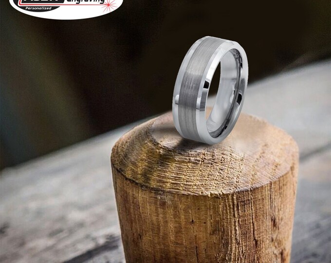 Personalized Engraving - 8mm Tungsten Carbide Shiny Polished With Brushed Center Beveled Edge Wedding Band Ring for Men Or Women