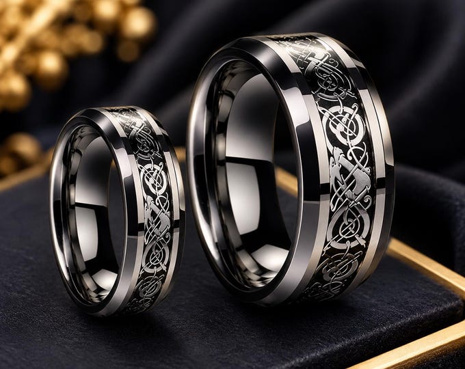 Celtic Dragon Knot Tungsten Ring Set, Personalized Engraved Wedding Bands, Unique Celtic Jewelry, Couple Rings, Durable Custom Dainty Band
