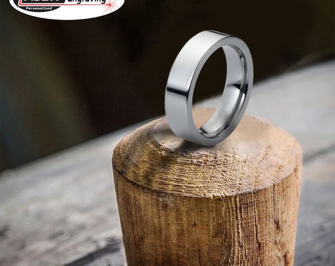 Personalized Engraving - 6mm Tungsten Carbide Flat Shiny Polished Pipe Cut  | Engagement Anniversary | Wedding Band Ring for Men Or Women