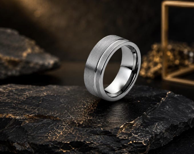 Custom Engraved Tungsten Carbide Ring, 8mm Brushed Wedding Band, Personalized Comfort Fit Promise Ring, Anniversary Groom Matte Finish Ring