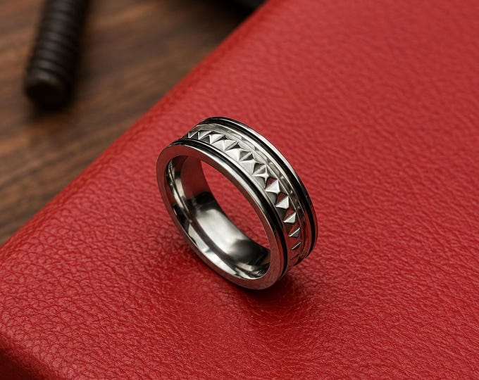 Personalized Titanium Wedding Band 6mm Silver Ring, Custom Engraved Black Pyramid Center Inlay Ring, Comfort Fit Wedding Band Dainty Gift