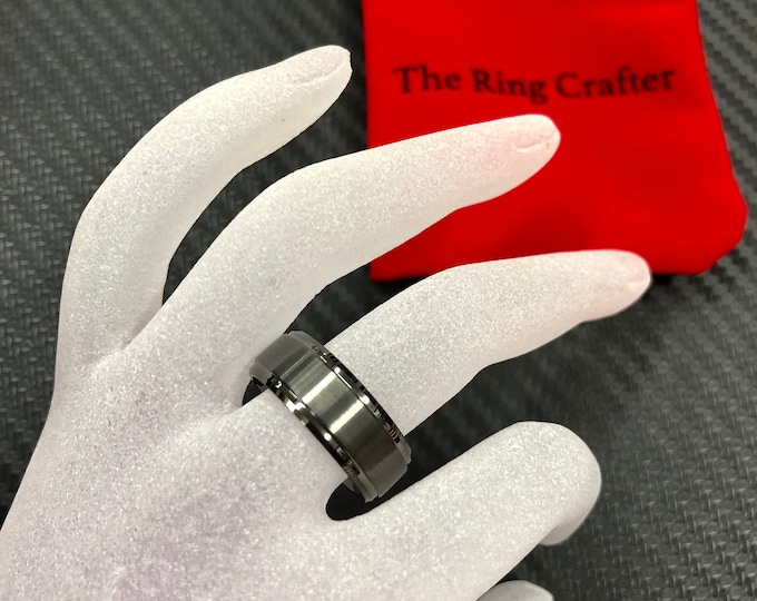 Personalized Tungsten Carbide Ring, 8mm Gunmetal Band for Him & Her, Custom Engraved Wedding Band, Durable Hypoallergenic Sleek Ring