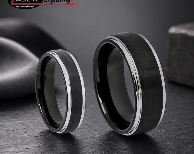 Personalized Engraved Tungsten Carbide Ring, Black Plated Brushed Silver Step Edge Ring, Custom Matching Couple Band, Wedding Promise Ring