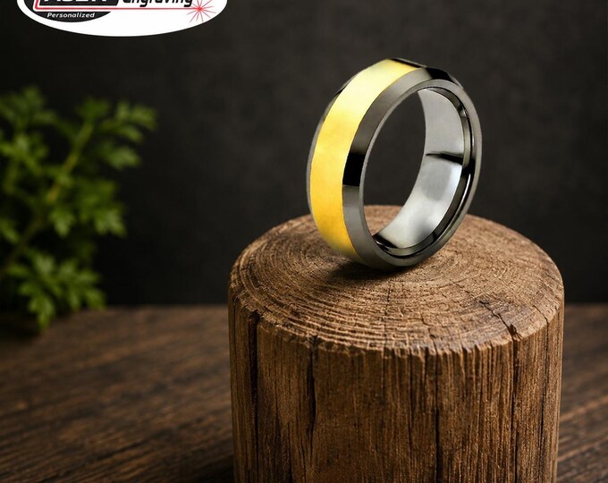 Engraved Tungsten Carbide Wedding Band, Beveled Edge Gold Center Ring, Custom Personalized Ring, Comfort Fit Anniversary Gift Promise Ring