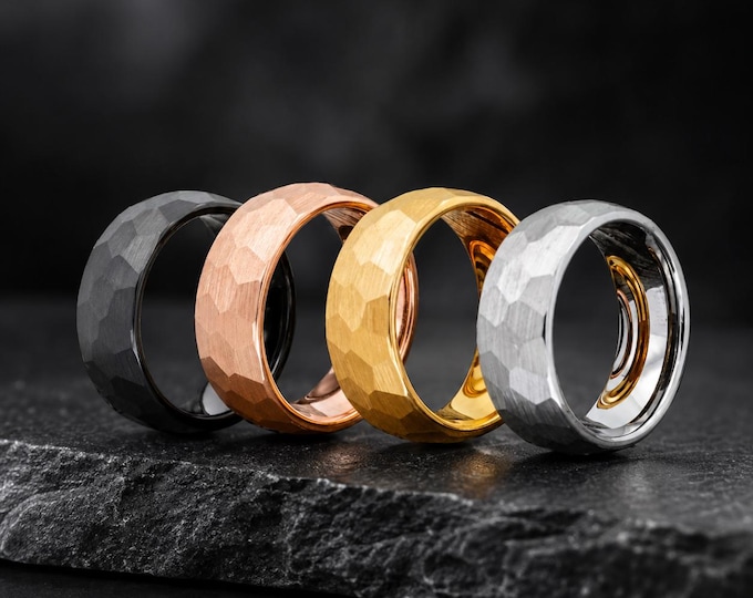Personalized 8mm Hammered Tungsten Carbide Ring, Black & Silver Custom Engraved Ring, Rose Gold or Gold Engagement  Wedding Band Gift