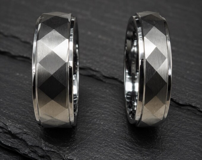 Personalized Tungsten Carbide Wedding Ring Set, Custom Engraved Facet Cut Bands, Matching Couple Rings, Durable His and Hers Wedding Jewelry