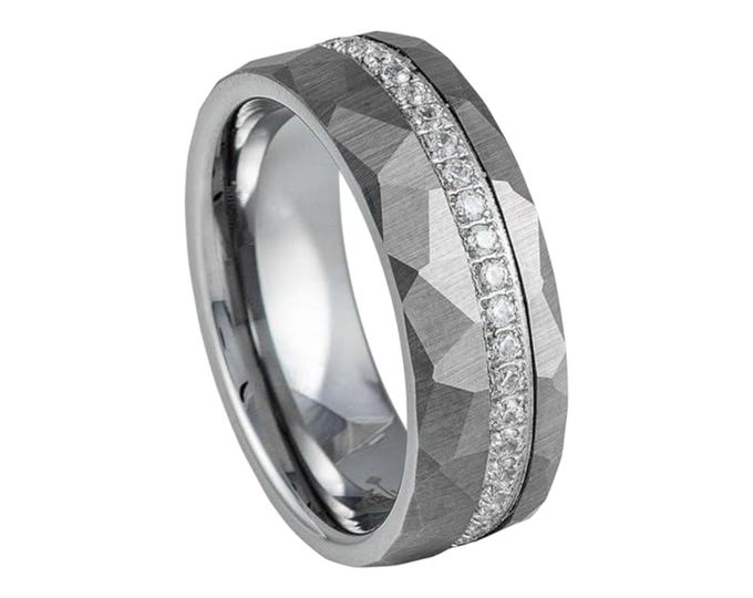 Tungsten Wedding Ring for Men & Women, Free Engraving Elegant Ring, White CZ Eternity Band, 8mm Hammered Finish Ring, Stylish Unisex Ring