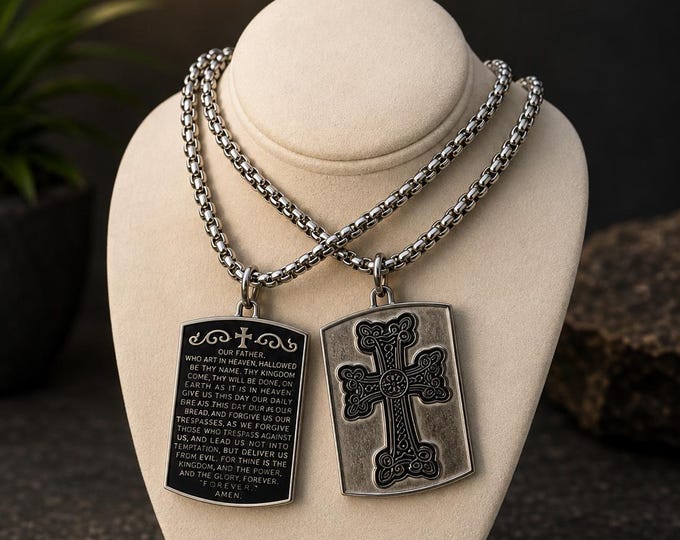 Reversible Khachkar Cross Necklace, Hayr Mer Prayer Pendant, Artsakh Strong Steel Chain, 26 Inch Christian Cross Armenian Heritage Jewelry