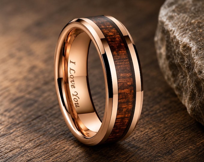 Custom Koa Wood Tungsten Carbide Wedding Ring, Engraved Men's Band, Natural Wood Inlay Ring, Rustic Groom Gift, Unique Anniversary Jewelry