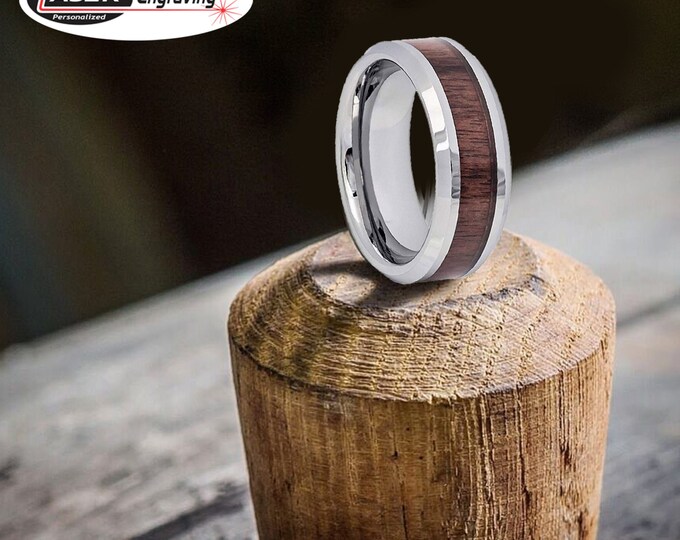 Personalized 8mm Ring, Tungsten Carbide Ring with Wood Inlay, Custom Engraved Dainty Ring, Beveled Edge Wedding Band for Him or Her