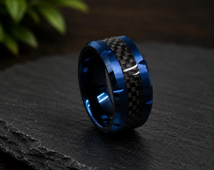 Personalized Blue Tungsten Wedding Band with Black Carbon Fiber Inlay, Comfort Fit Ring, Custom Engraved His and Hers Wedding Band Gift