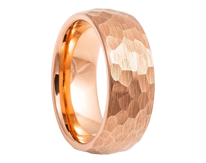 Personalized Engraving 8mm or 6mm Hammered Tungsten Carbide Rose Gold Brushed | Engagement Anniversary | Wedding Band Ring for Men Or Women