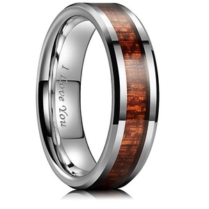 Personalized 8mm Tungsten Ring with Koa Wood Inlay, Custom Engraving Unisex Wedding Ring, Dainty Jewelry Promise Ring for Him or Her