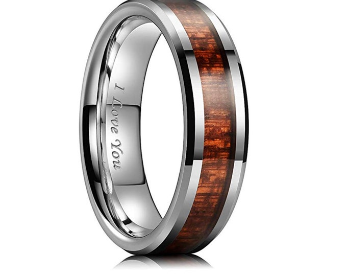 Personalized 8mm Tungsten Ring with Koa Wood Inlay, Custom Engraving Unisex Wedding Ring, Dainty Jewelry Promise Ring for Him or Her