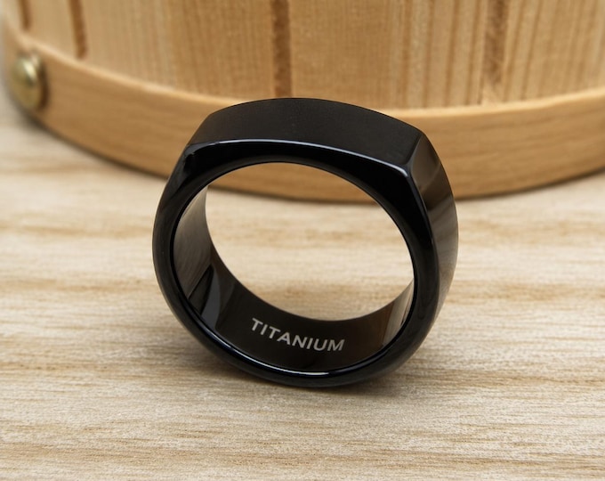 8mm Black Titanium Wedding Band, Custom Engraved Quadrant Ring, Beveled Edge Men's Wedding Ring, Personalized Promise Band Anniversary Gift
