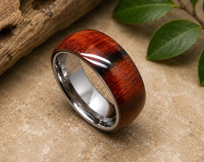 Custom Engraved Titanium Hawaiian Koa Wood Ring, Personalized Wedding Band, Men's & Women's Promise Ring, Comfort Fit Anniversary Gift