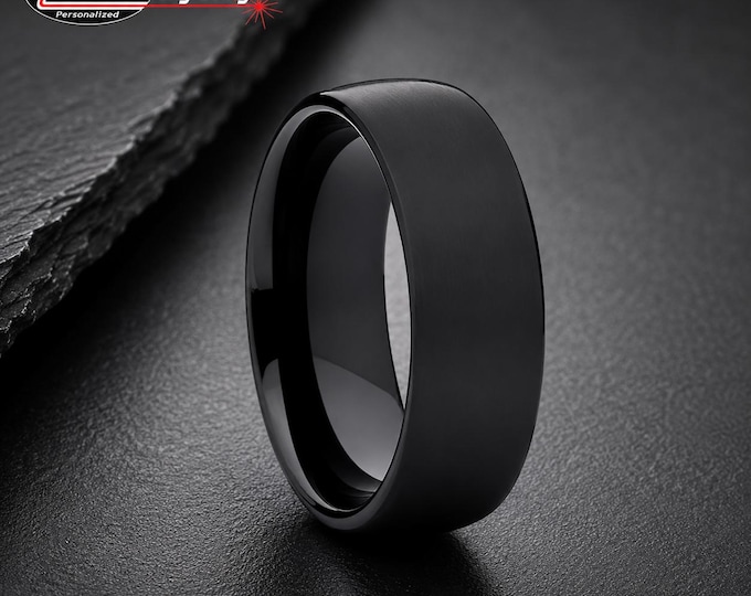 Personalized Black Tungsten Wedding Band, Custom Engraved Domed Ring, Unisex Comfort Fit Wedding Ring, Promise Ring Gift for Couples