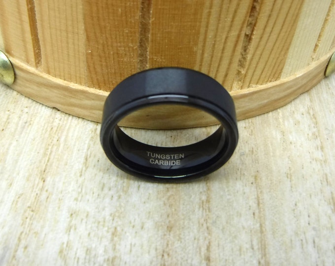 Personalized 8mm Black Tungsten Ring, Custom Engraved Wedding Band for Men, Brushed Finish Step Edge Anniversary Gift, Promise Ring Jewelry