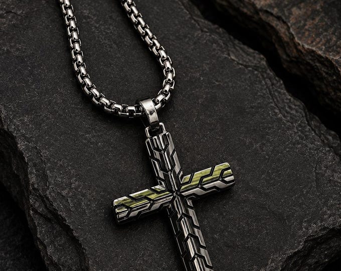 Personalized Black Groove Cross Pendant Necklace, Stainless Steel Christian Cross, 26 Inch Chain, Engraved Religious Gift for Couples